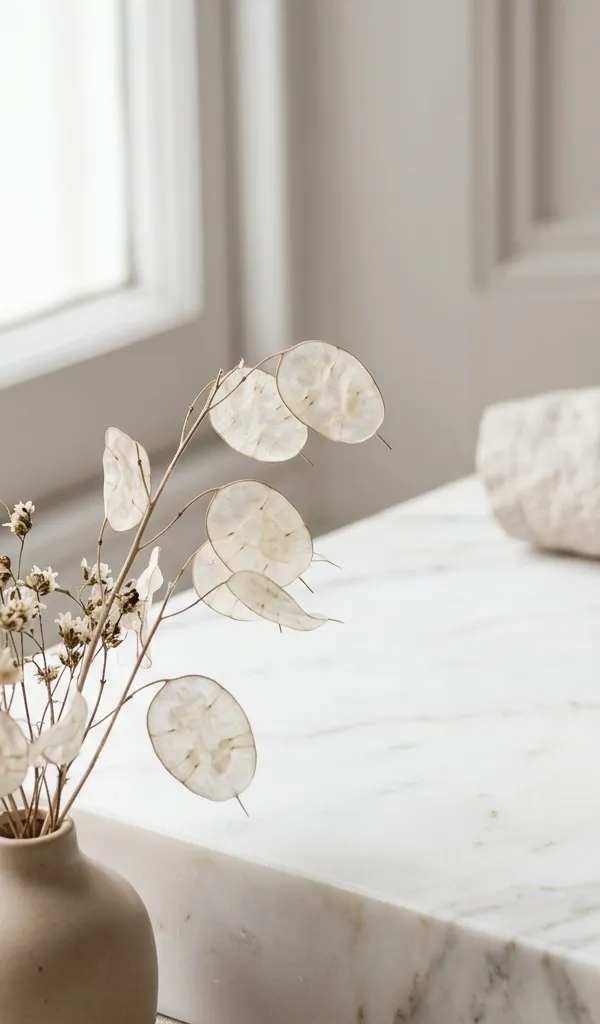 Branches de lunaire séchée et vase de grès sur un plan de marbre